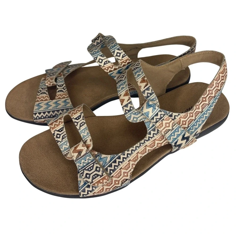 Trotters Womens Strappy Sandals Geometric Tribal Print Blue Tan Slingback 11M